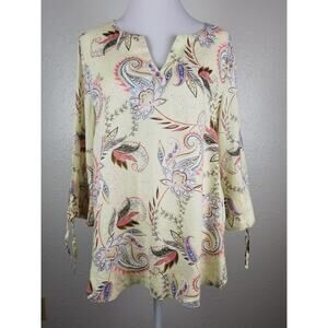 J. Jill Love Linen Floral Paisley Light Zest Midsummer Tie Sleeve Blouse